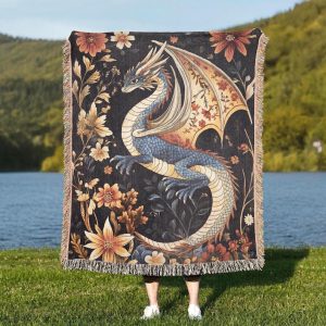 Blue Dragon Tapestry Blanket A Jacquard Woven Throw With Floral Fantasy Design